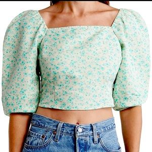 Levi's Women's Yvie Floral Crop Top 3/4 Sleeves Puff Shoulders Green/Cream Large